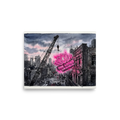 'The Lotus Sign' — a Realism,Street art print. A glowing pink neon lotus sign stands out against a grayscale watercolor cityscape with a construction crane, perfect for a modern office or living room.
