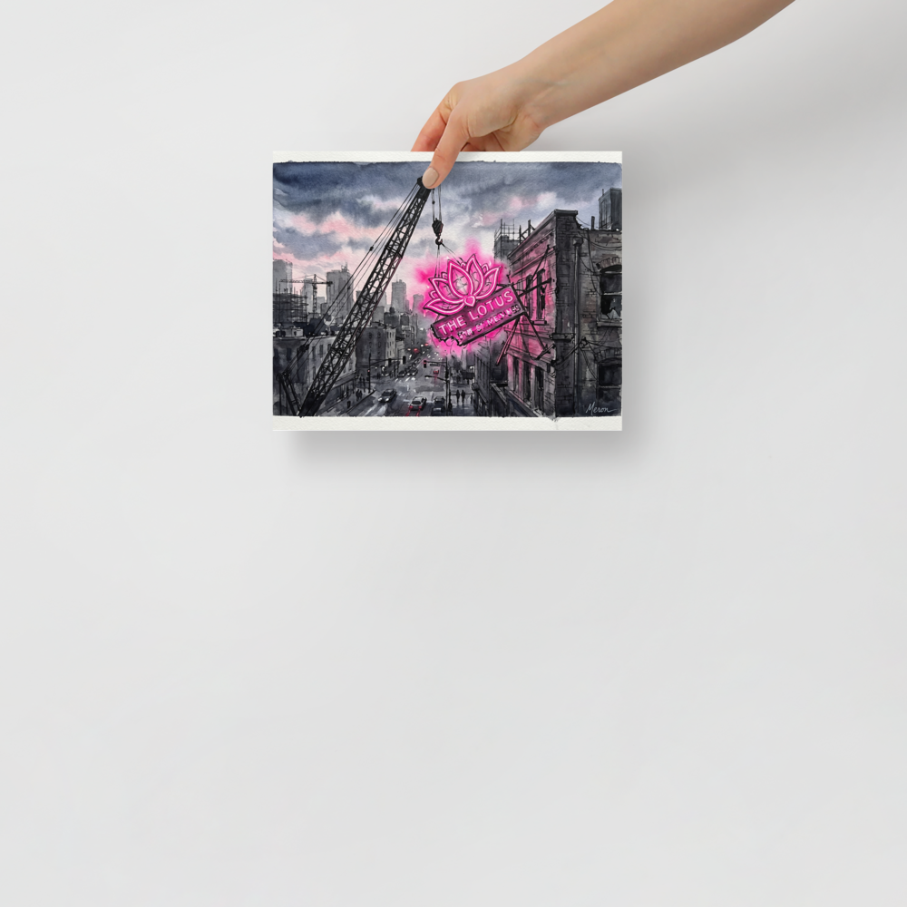 'The Lotus Sign' — a Realism,Street art print. A glowing pink neon lotus sign stands out against a grayscale watercolor cityscape with a construction crane, perfect for a modern office or living room.
