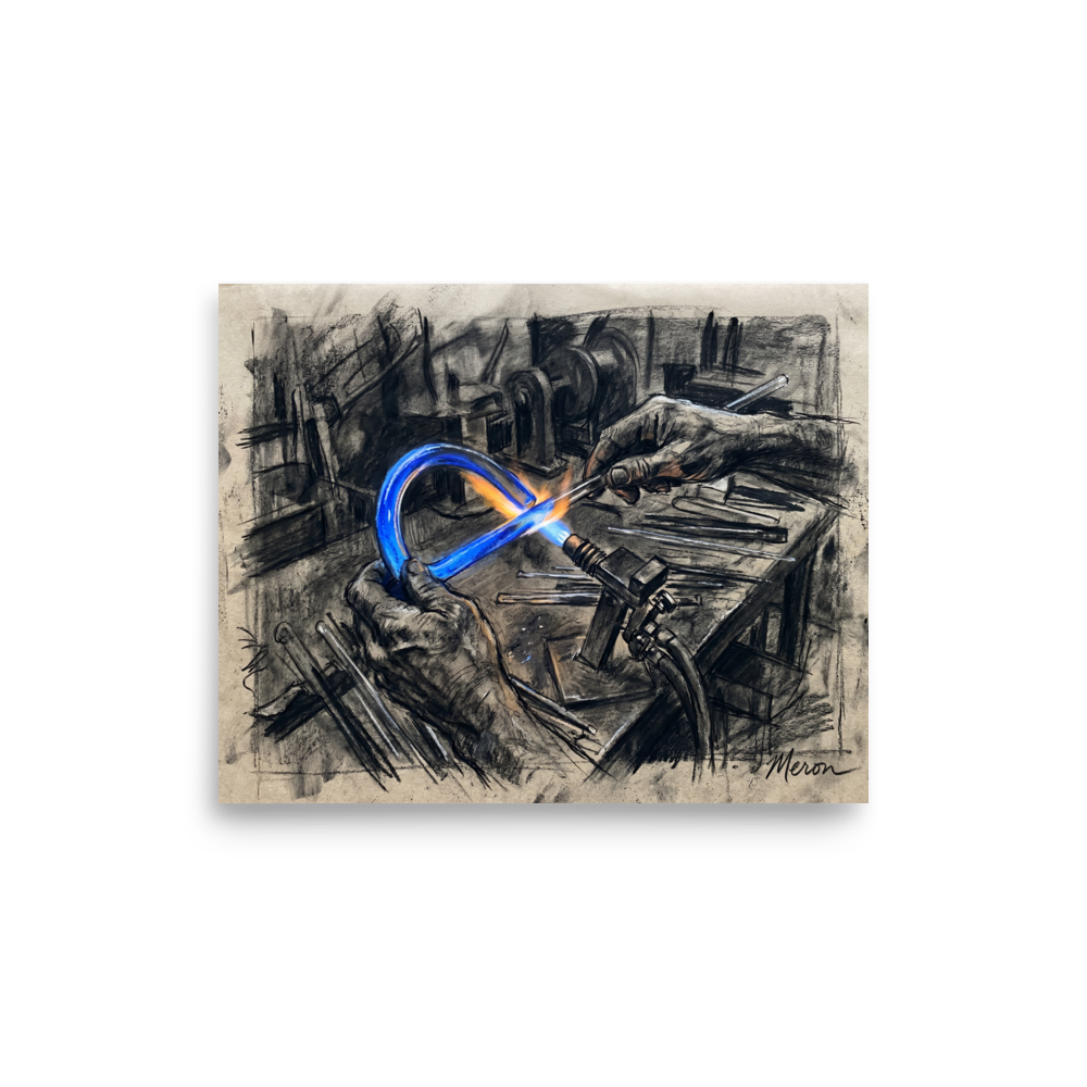 'The Neon Maker' — a Realism print. A charcoal sketch of an artist's hands using a blowtorch to bend a glowing blue neon glass tube, perfect for a studio or modern office.