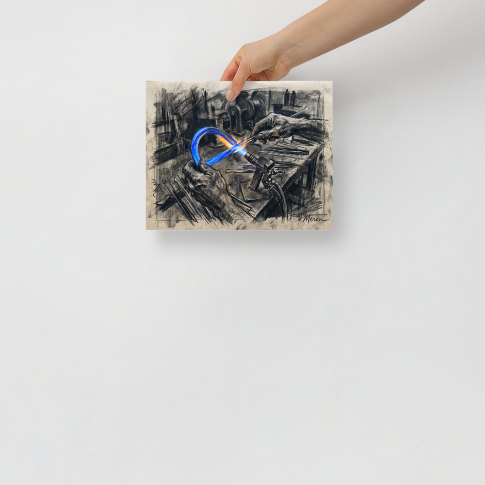'The Neon Maker' — a Realism print. A charcoal sketch of an artist's hands using a blowtorch to bend a glowing blue neon glass tube, perfect for a studio or modern office.