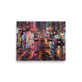 'Neon Night Reflections' — a Impressionism print. A vibrant impasto oil painting of a busy neon-lit city street at night with cars and buses reflecting on the wet pavement, perfect for bringing energy to an office or living room.
