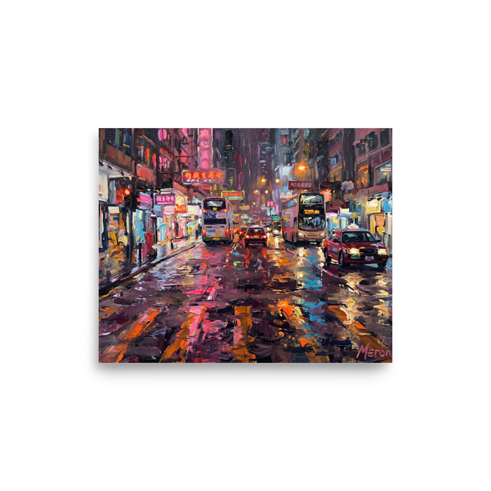 'Neon Night Reflections' — a Impressionism print. A vibrant impasto oil painting of a busy neon-lit city street at night with cars and buses reflecting on the wet pavement, perfect for bringing energy to an office or living room.