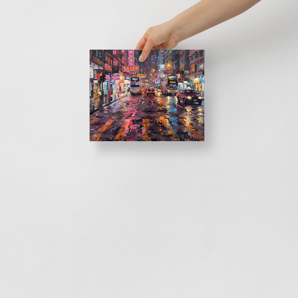 'Neon Night Reflections' — a Impressionism print. A vibrant impasto oil painting of a busy neon-lit city street at night with cars and buses reflecting on the wet pavement, perfect for bringing energy to an office or living room.