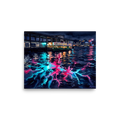 'Star Ferry Serenity' — a Impressionism print. A moody watercolor painting of the Star Ferry at night with bright neon pink and cyan reflections in the dark water, ideal for a bedroom or living room.