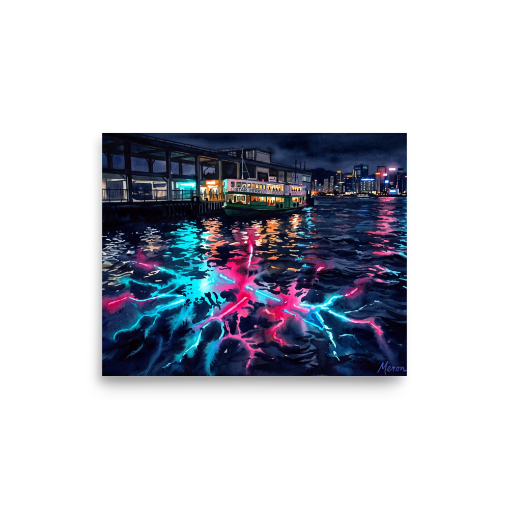 'Star Ferry Serenity' — a Impressionism print. A moody watercolor painting of the Star Ferry at night with bright neon pink and cyan reflections in the dark water, ideal for a bedroom or living room.