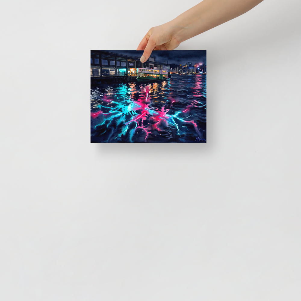 'Star Ferry Serenity' — a Impressionism print. A moody watercolor painting of the Star Ferry at night with bright neon pink and cyan reflections in the dark water, ideal for a bedroom or living room.