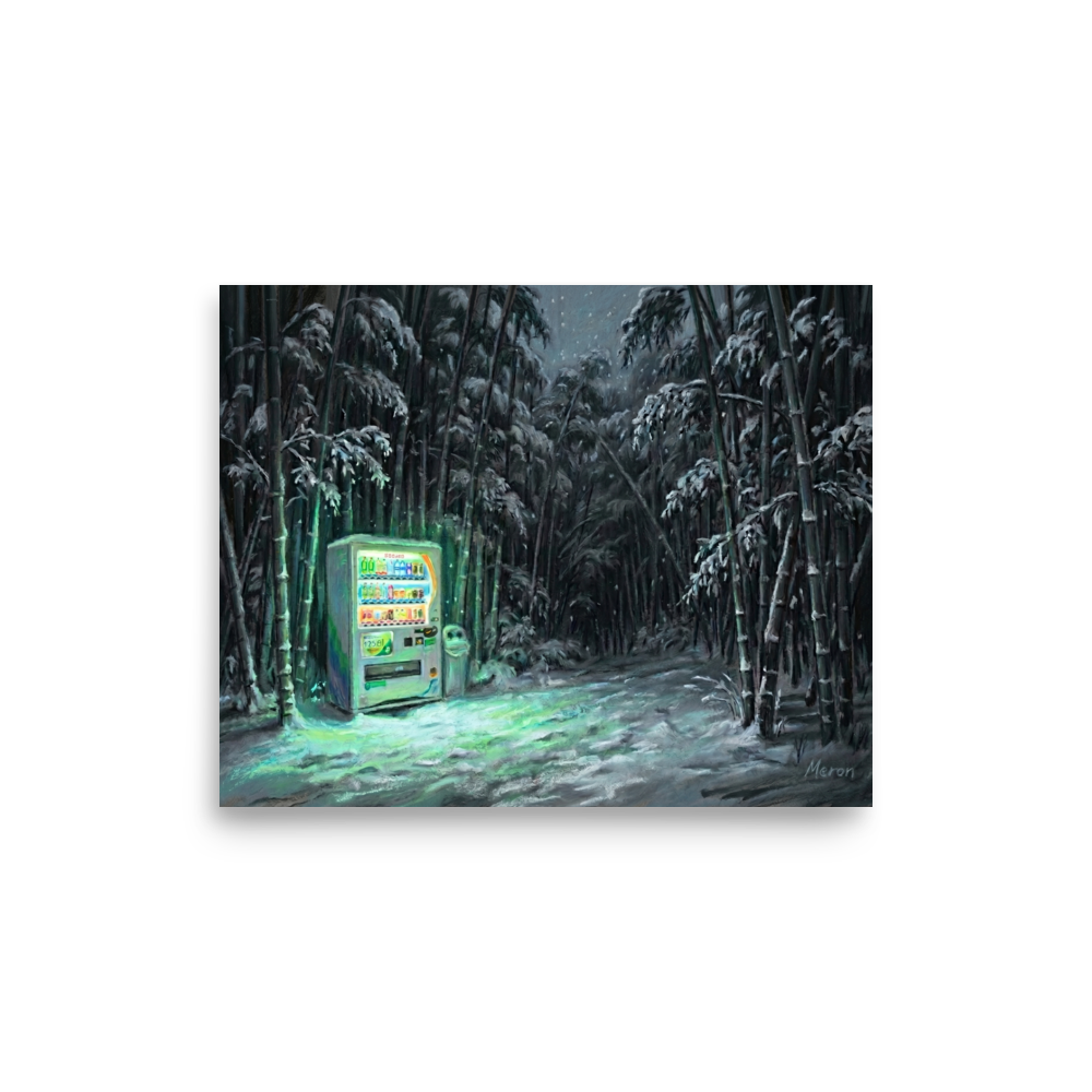 'Midnight Glow in the Grove' — a Magic realism print. A moody painting of a brightly lit vending machine standing alone in a dark, snowy bamboo forest at night, perfect for a cozy den or office.