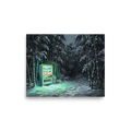 'Midnight Glow in the Grove' — a Magic realism print. A moody painting of a brightly lit vending machine standing alone in a dark, snowy bamboo forest at night, perfect for a cozy den or office.