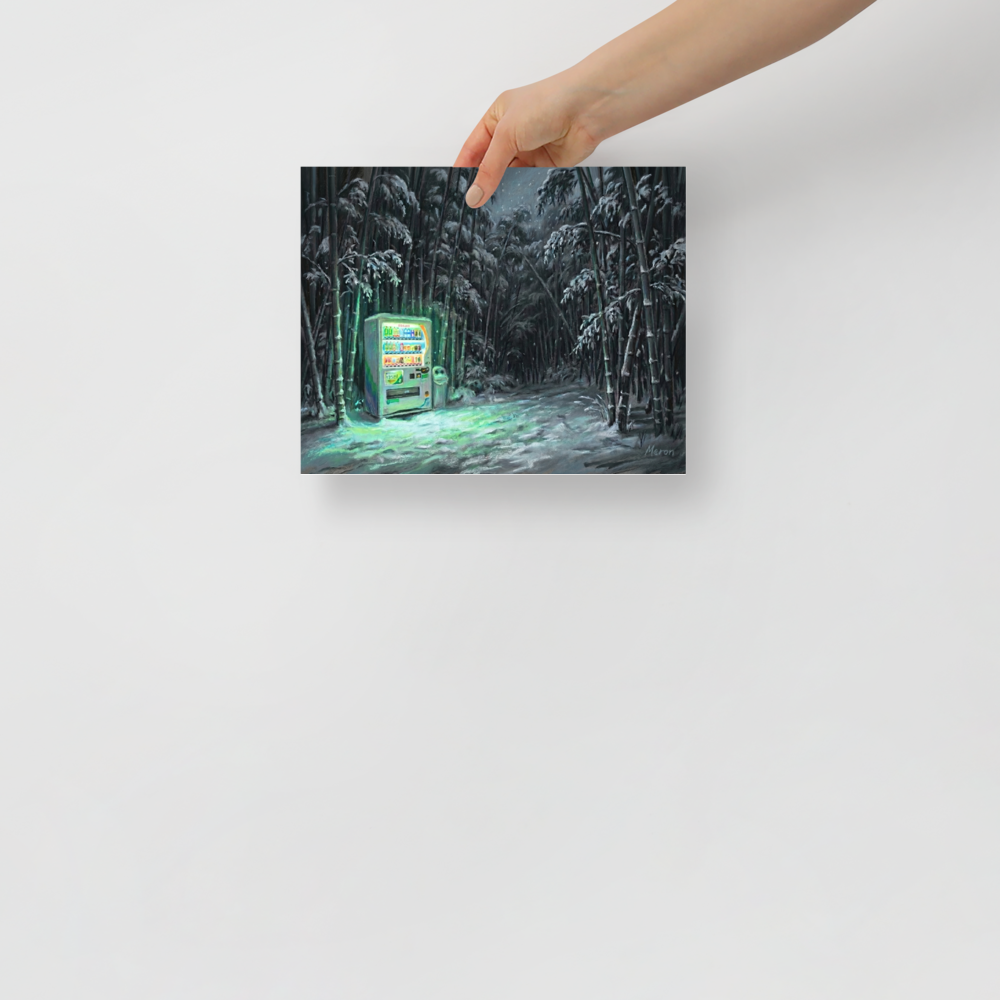 'Midnight Glow in the Grove' — a Magic realism print. A moody painting of a brightly lit vending machine standing alone in a dark, snowy bamboo forest at night, perfect for a cozy den or office.