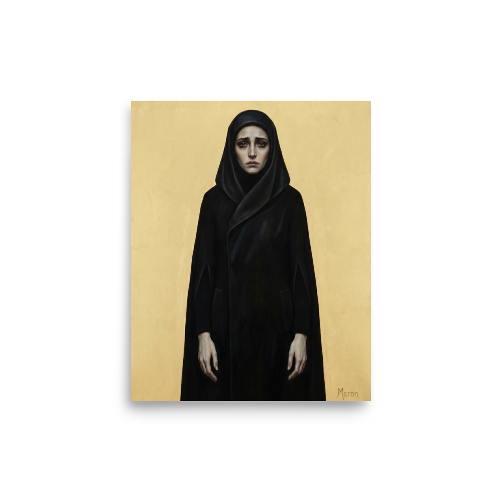 'The Grieving Matriarch' — a Figurative art,Symbolism print. A solemn woman in a dark hooded cloak against a plain gold background, ideal for a moody living room.