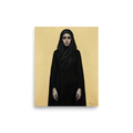 'The Grieving Matriarch' — a Figurative art,Symbolism print. A solemn woman in a dark hooded cloak against a plain gold background, ideal for a moody living room.