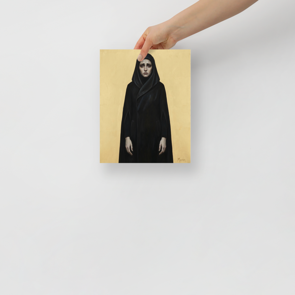 'The Grieving Matriarch' — a Figurative art,Symbolism print. A solemn woman in a dark hooded cloak against a plain gold background, ideal for a moody living room.