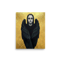 'The Dark Seraph' — a Figurative art,Symbolism print. A pale woman with black angel wings standing before a brilliant golden background, perfect for a striking entryway.