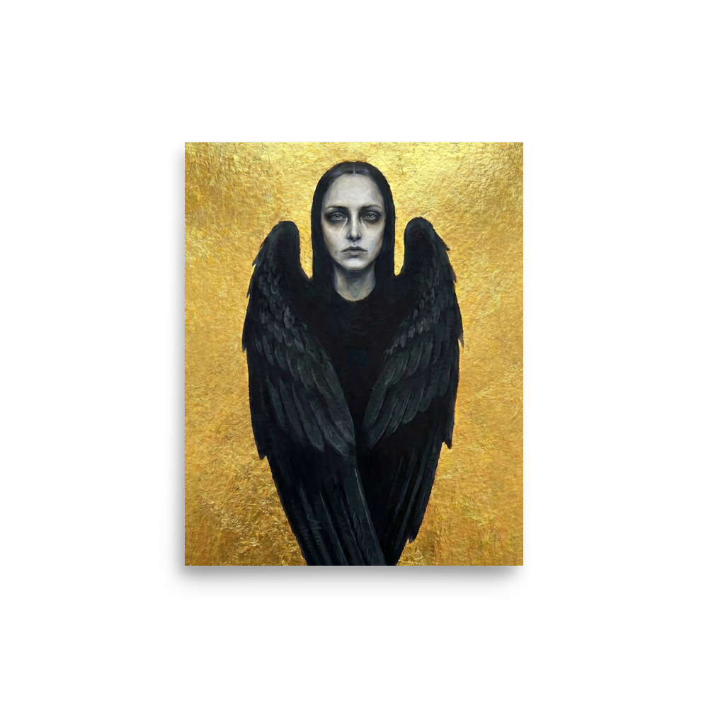 'The Dark Seraph' — a Figurative art,Symbolism print. A pale woman with black angel wings standing before a brilliant golden background, perfect for a striking entryway.