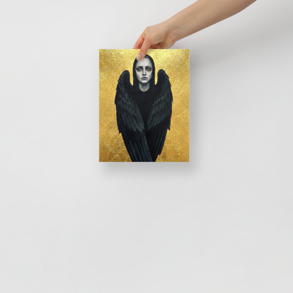 'The Dark Seraph' — a Figurative art,Symbolism print. A pale woman with black angel wings standing before a brilliant golden background, perfect for a striking entryway.