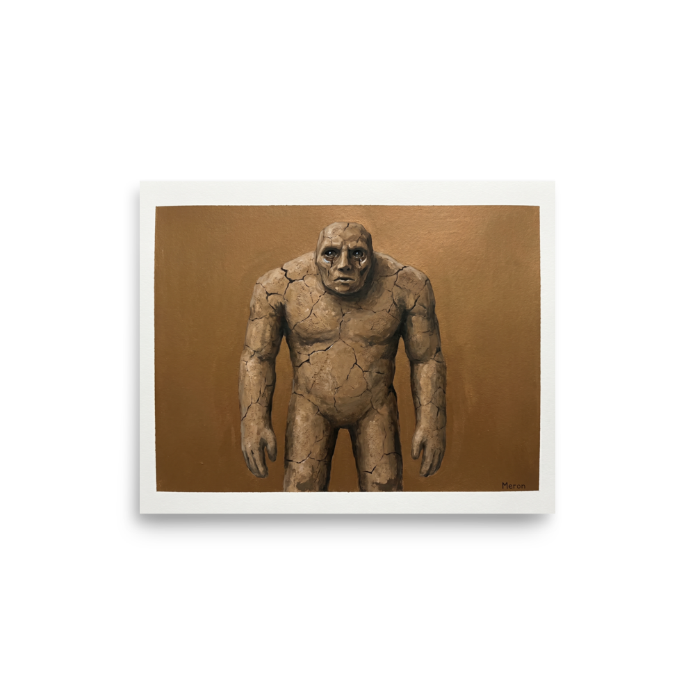 'The Weeping Golem' — a Surrealism,Figurative art print. A heavy golem figure made of cracked stone with crying eyes, ideal for a moody office or living room.