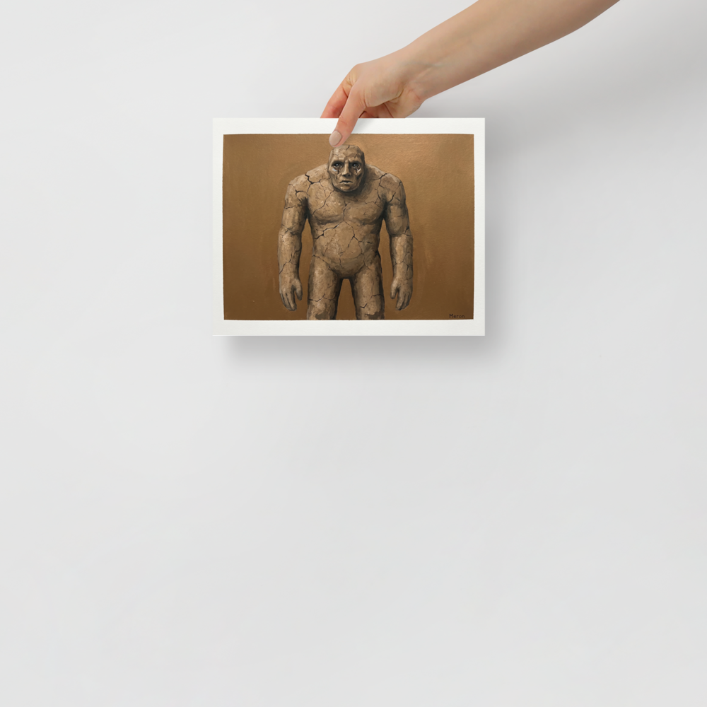 'The Weeping Golem' — a Surrealism,Figurative art print. A heavy golem figure made of cracked stone with crying eyes, ideal for a moody office or living room.