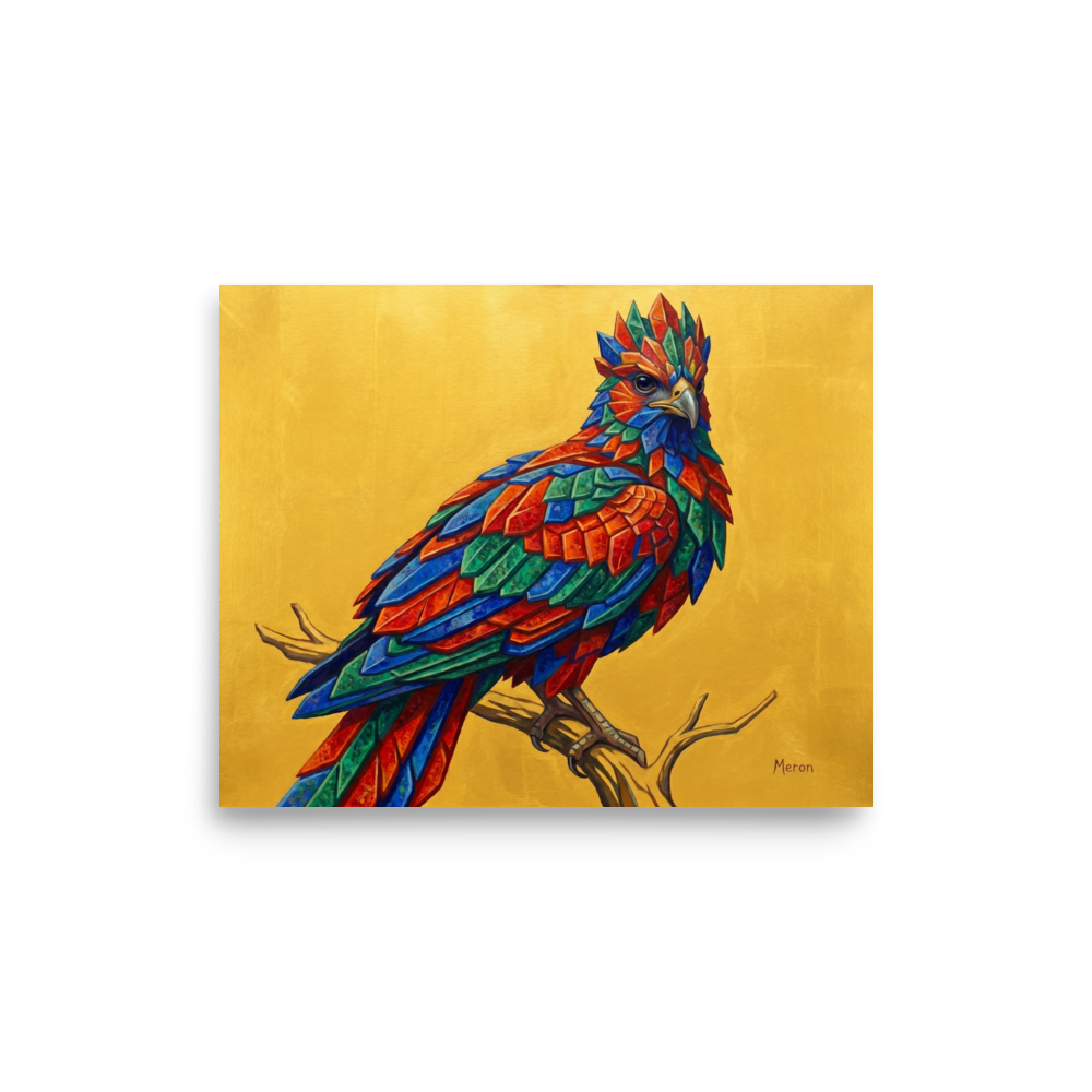 'The Gemstone Falcon' — a Geometric abstract art,Surrealism print. A vibrant bird made of geometric jewel-toned feathers sitting on a branch against a bright gold background, ideal for a lively sunroom.