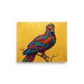 'The Gemstone Falcon' — a Geometric abstract art,Surrealism print. A vibrant bird made of geometric jewel-toned feathers sitting on a branch against a bright gold background, ideal for a lively sunroom.