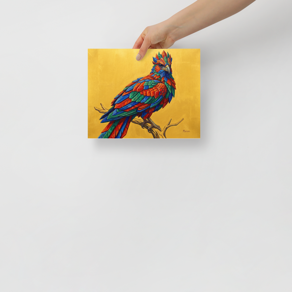 'The Gemstone Falcon' — a Geometric abstract art,Surrealism print. A vibrant bird made of geometric jewel-toned feathers sitting on a branch against a bright gold background, ideal for a lively sunroom.