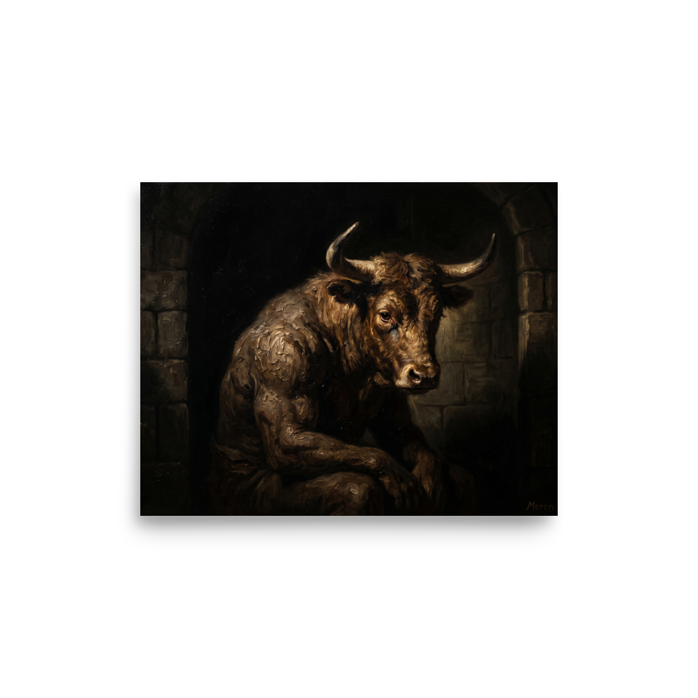 'The Captive Beast' — a Figurative art,Expressionism print. A muscular minotaur sitting sadly in a dark stone alcove, painted with thick oil textures, perfect for a man cave.