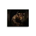 'The Captive Beast' — a Figurative art,Expressionism print. A muscular minotaur sitting sadly in a dark stone alcove, painted with thick oil textures, perfect for a man cave.