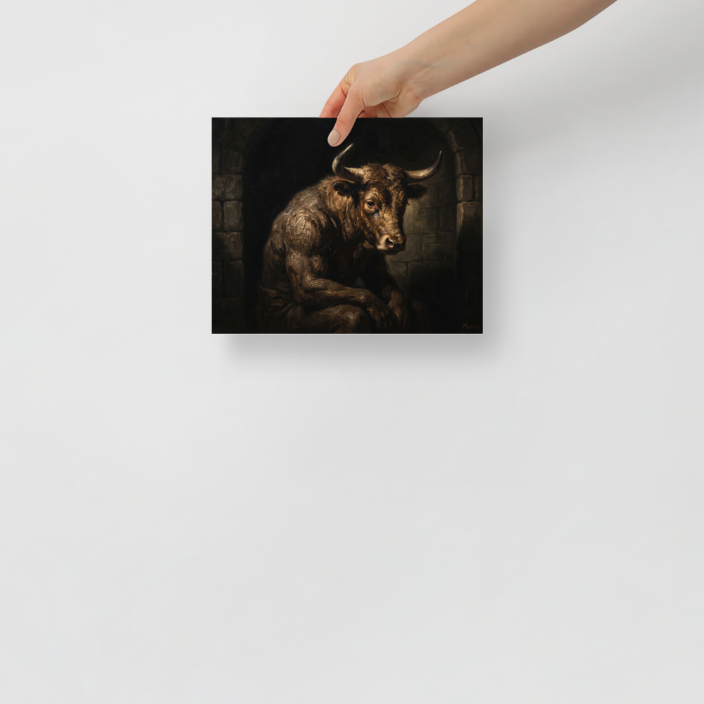 'The Captive Beast' — a Figurative art,Expressionism print. A muscular minotaur sitting sadly in a dark stone alcove, painted with thick oil textures, perfect for a man cave.