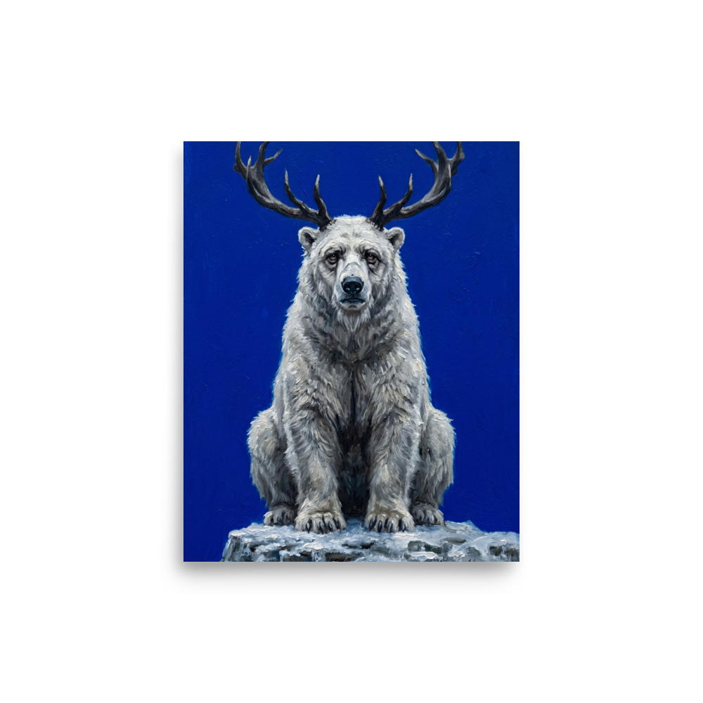 'The Horned Bear' — a Surrealism,Expressionism print. A white polar bear with deer antlers sitting on a snowy rock against a bright blue background, perfect for an eclectic living room.