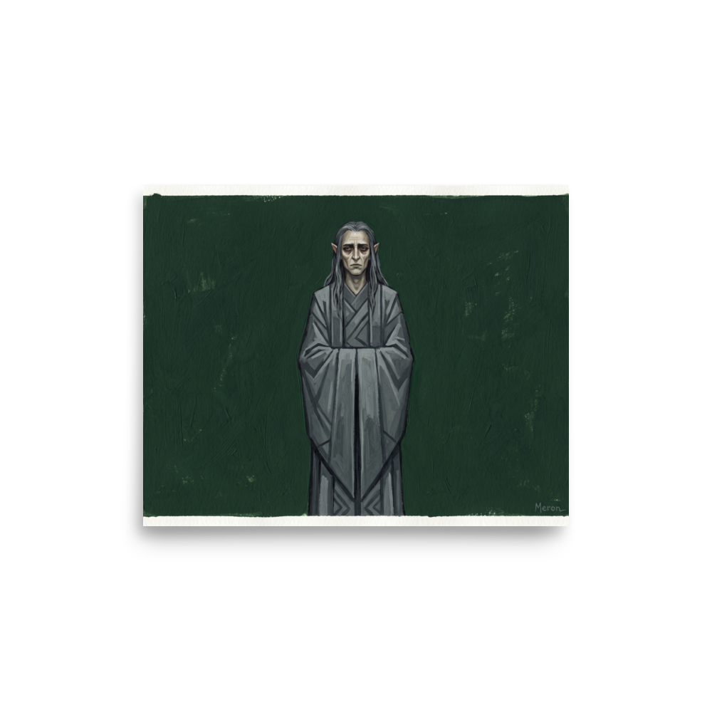 'The Somber Elf' — a Figurative art,Surrealism print. A sad pale elf with long grey hair wearing a grey robe against a dark green textured background, ideal for a moody reading room or library.