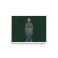 'The Somber Elf' — a Figurative art,Surrealism print. A sad pale elf with long grey hair wearing a grey robe against a dark green textured background, ideal for a moody reading room or library.