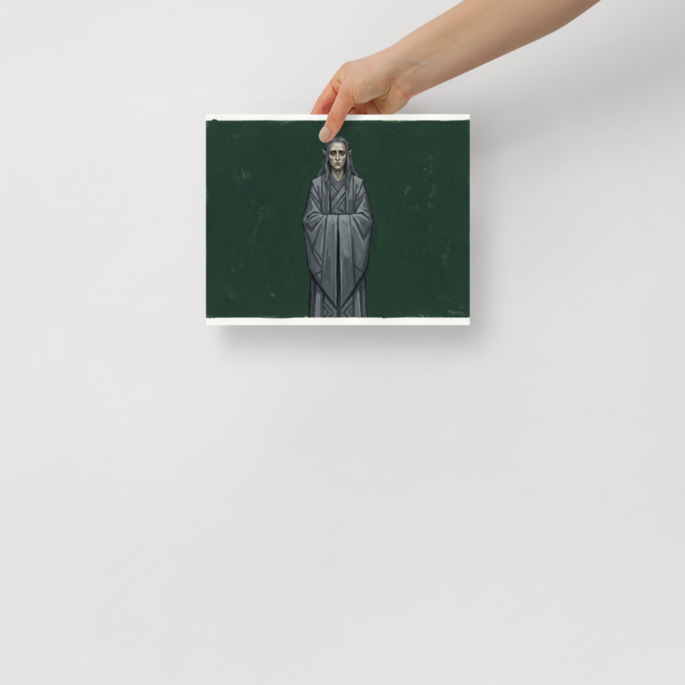 'The Somber Elf' — a Figurative art,Surrealism print. A sad pale elf with long grey hair wearing a grey robe against a dark green textured background, ideal for a moody reading room or library.
