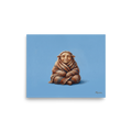 'The Cozy Gnome' — a Figurative art,Magic realism print. A small cute creature with big ears wrapped in a knit blanket against a bright blue background, perfect for a cozy nursery.