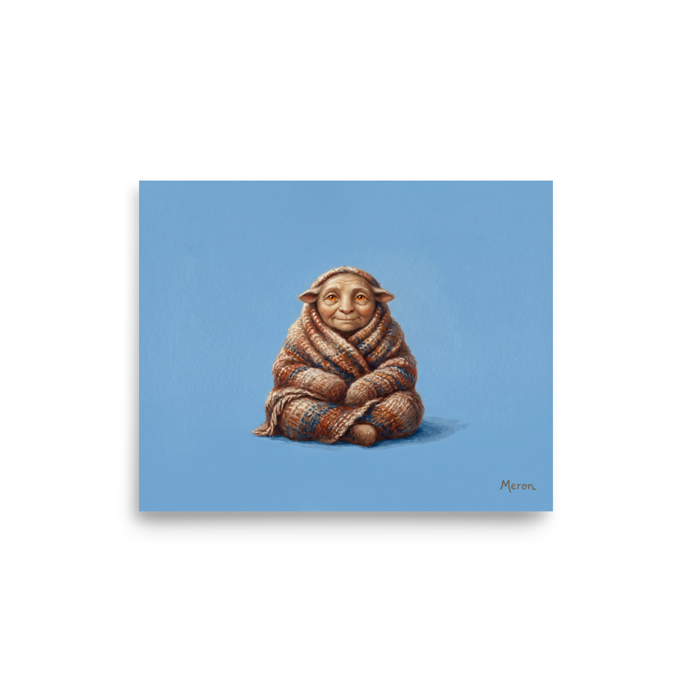 'The Cozy Gnome' — a Figurative art,Magic realism print. A small cute creature with big ears wrapped in a knit blanket against a bright blue background, perfect for a cozy nursery.
