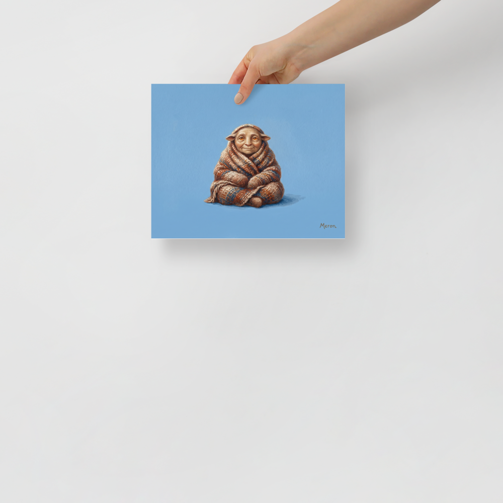 'The Cozy Gnome' — a Figurative art,Magic realism print. A small cute creature with big ears wrapped in a knit blanket against a bright blue background, perfect for a cozy nursery.