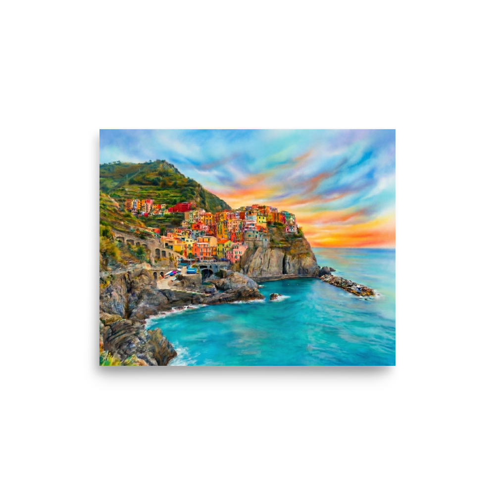 'Coastal Dreams' — a Realism,Romanticism print. A vibrant airbrush painting of a colorful cliffside coastal village overlooking turquoise ocean waters at sunset, perfect for a sunroom or bedroom.