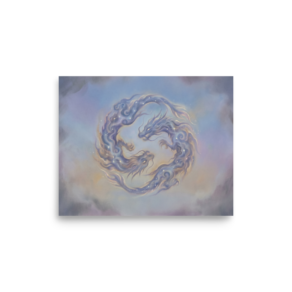 'Celestial Dragons' — a Surrealism print. A soft airbrush painting of two swirling dragons made of pastel clouds and glowing star constellations against a twilight sky, perfect for a meditation room or bedroom.