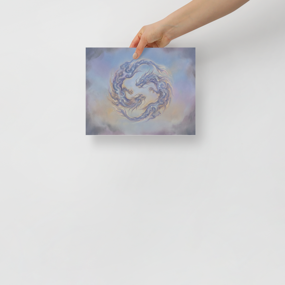 'Celestial Dragons' — a Surrealism print. A soft airbrush painting of two swirling dragons made of pastel clouds and glowing star constellations against a twilight sky, perfect for a meditation room or bedroom.