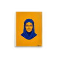 'Azure Serenity' — a Pop art print. A vibrant portrait of an older woman wearing a blue hijab set against a yellow background, perfect for a modern Living Room.
