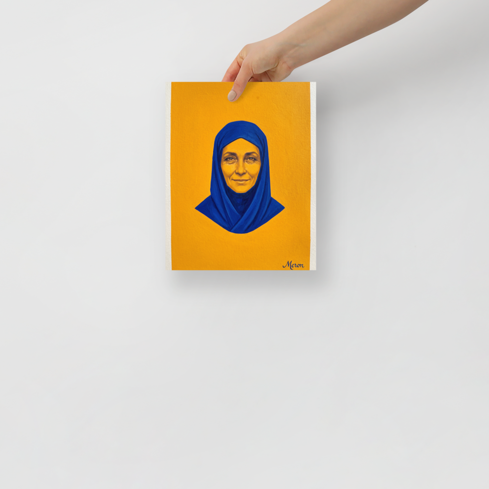 'Azure Serenity' — a Pop art print. A vibrant portrait of an older woman wearing a blue hijab set against a yellow background, perfect for a modern Living Room.
