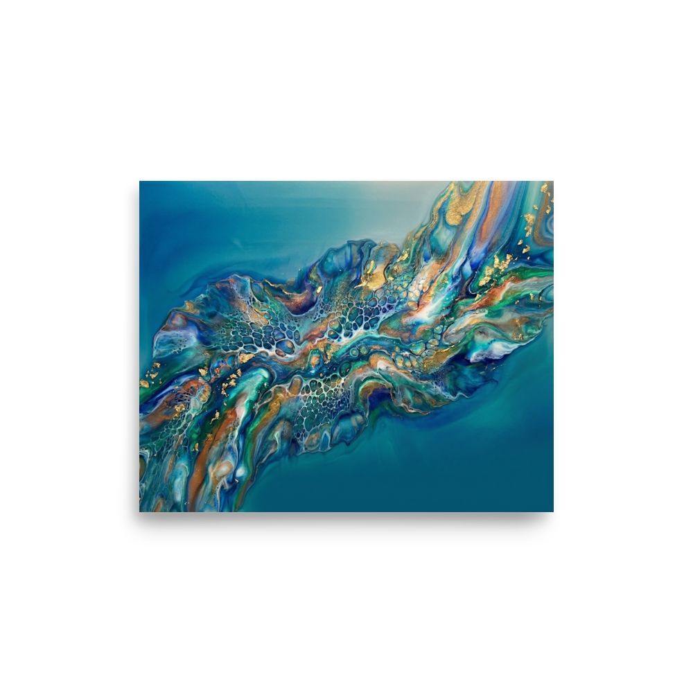 'Teal Nebula' — a Abstract art print. A sweeping teal and gold fluid abstract artwork with cellular patterns, perfect for a Living Room.