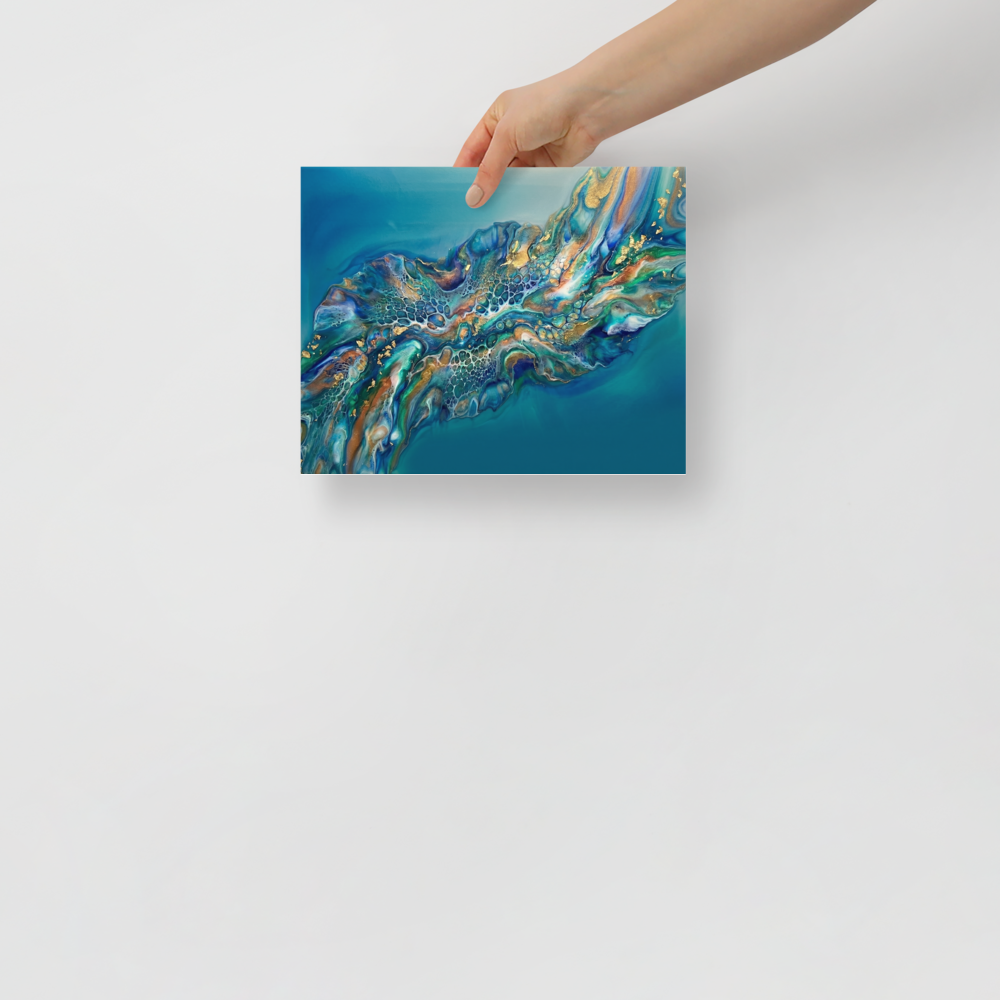 'Teal Nebula' — a Abstract art print. A sweeping teal and gold fluid abstract artwork with cellular patterns, perfect for a Living Room.