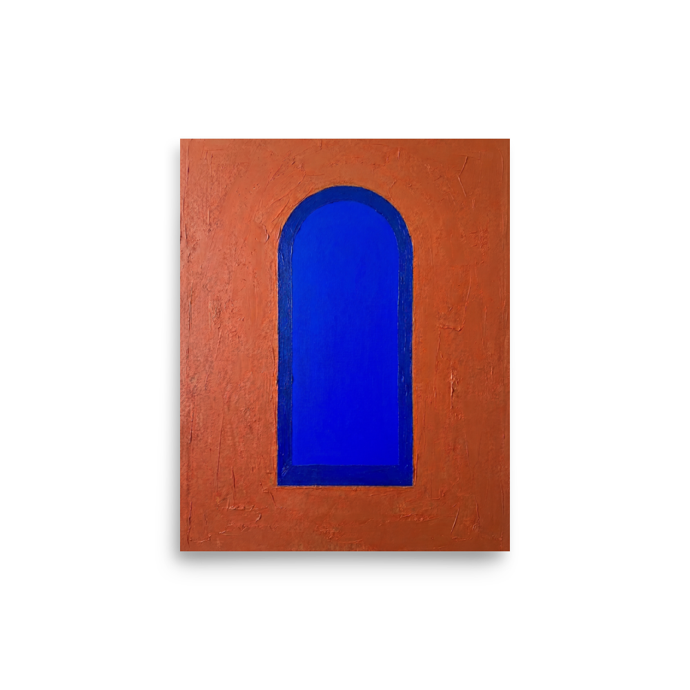 'The Blue Arch' — a Minimalism print. An abstract impasto painting featuring a vivid blue arch against a textured orange background, ideal for a modern Hallway.
