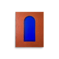 'The Blue Arch' — a Minimalism print. An abstract impasto painting featuring a vivid blue arch against a textured orange background, ideal for a modern Hallway.