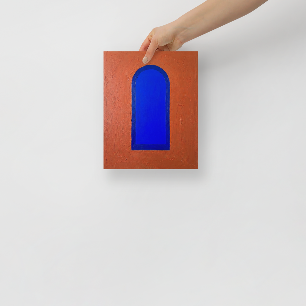 'The Blue Arch' — a Minimalism print. An abstract impasto painting featuring a vivid blue arch against a textured orange background, ideal for a modern Hallway.