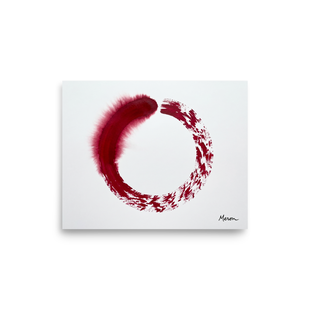 'Crimson Enso' — a Minimalism,Abstract expressionism print. Minimalist painting of a single deep red Enso circle on a white background, offering a serene yet bold focal point for a meditation room or office.