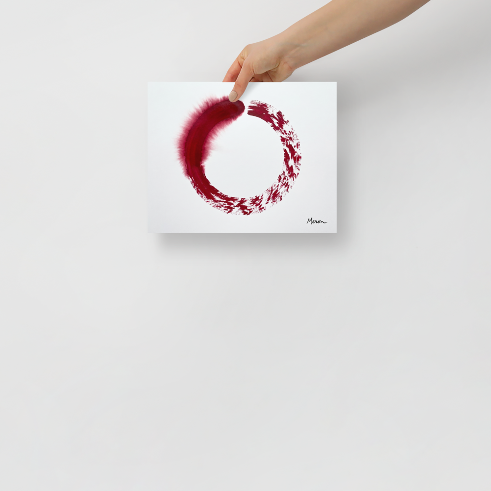 'Crimson Enso' — a Minimalism,Abstract expressionism print. Minimalist painting of a single deep red Enso circle on a white background, offering a serene yet bold focal point for a meditation room or office.