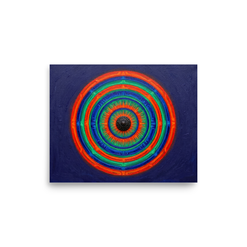 'Chromatic Pulse' — a Op Art print. A vibrant, textured abstract painting featuring concentric circles of green, orange, and blue on a deep blue background, perfect for a Game Room.