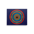 'Chromatic Pulse' — a Op Art print. A vibrant, textured abstract painting featuring concentric circles of green, orange, and blue on a deep blue background, perfect for a Game Room.