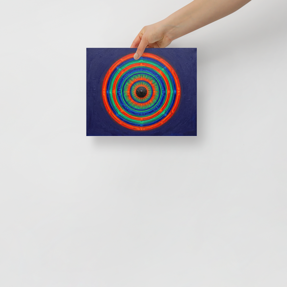 'Chromatic Pulse' — a Op Art print. A vibrant, textured abstract painting featuring concentric circles of green, orange, and blue on a deep blue background, perfect for a Game Room.