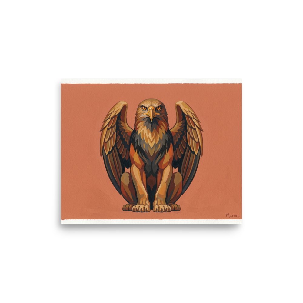 'The Golden Griffin' — a Art Deco print. A stylized, warm-toned illustration of a griffin sitting proudly against a terracotta background, ideal for an Office or Library.